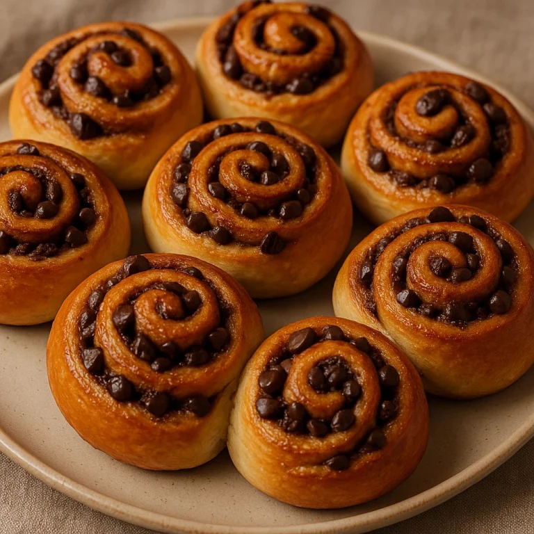 Kanelbulle csokoládé darabokkal, frissen sütve, aranybarnára pirulva tálalva