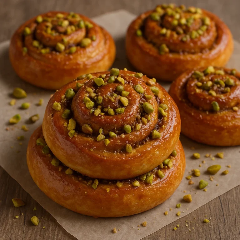 Kanelbulle pisztáciával, aranybarnára sütve, ropogós dióval a tetején