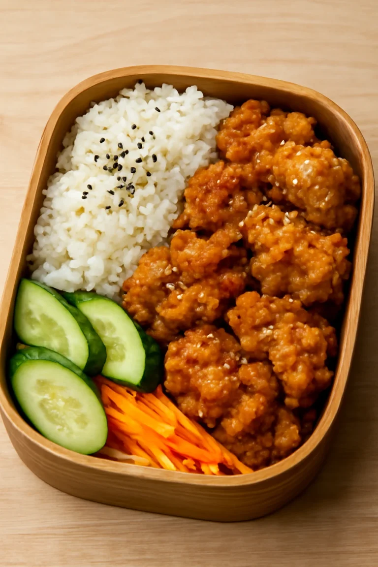 Karaage bento dobozban ropogós csirkével, rizssel és friss zöldségekkel