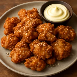 Fűszeres karaage japán majonézzel és szezámmaggal tálalva