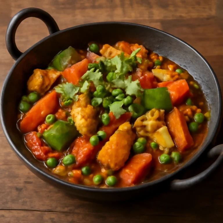 Karahi zöldségekkel, friss korianderrel tálalva
