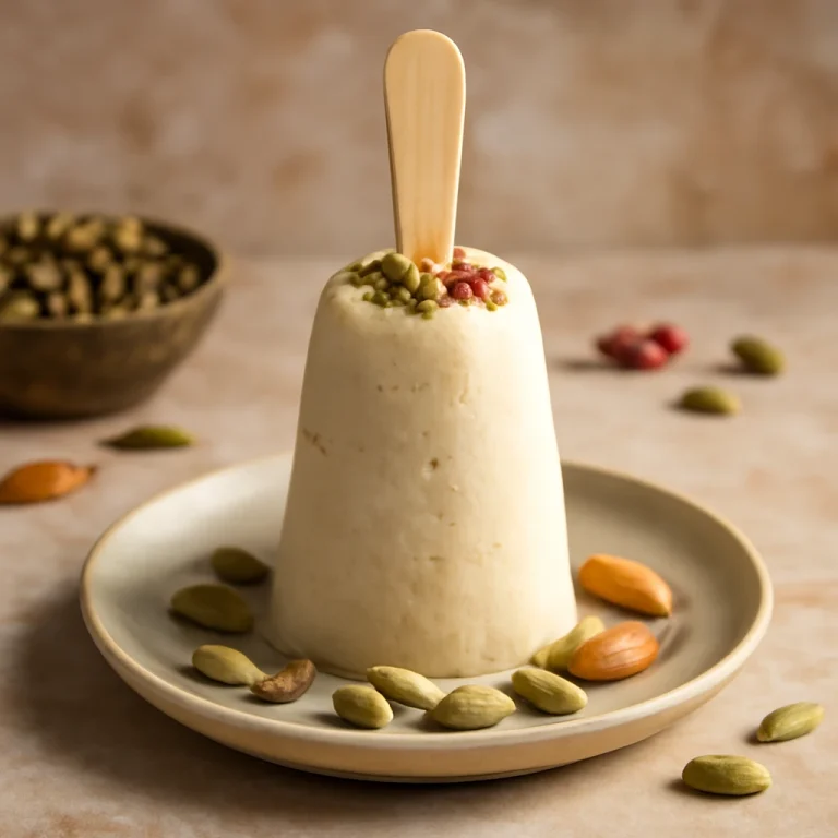 Kardamomos kulfi jégkrém kardamommal és rózsavíz díszítéssel