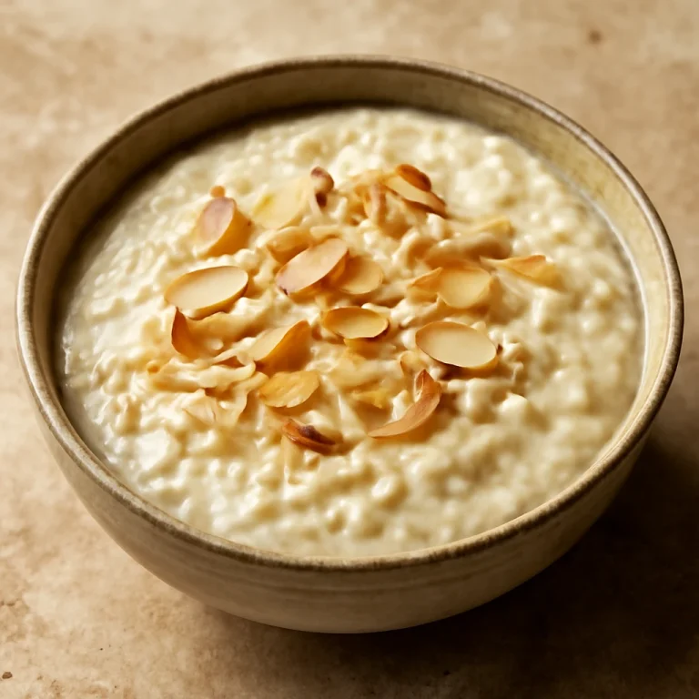 Kardamomos kheer, friss mandulával és rózsavízzel tálalva