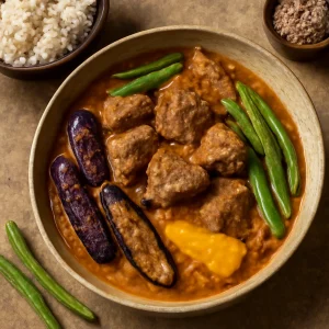 Kecskehúsos Kare-Kare, mogyoróvajjal és padlizsánnal tálalva