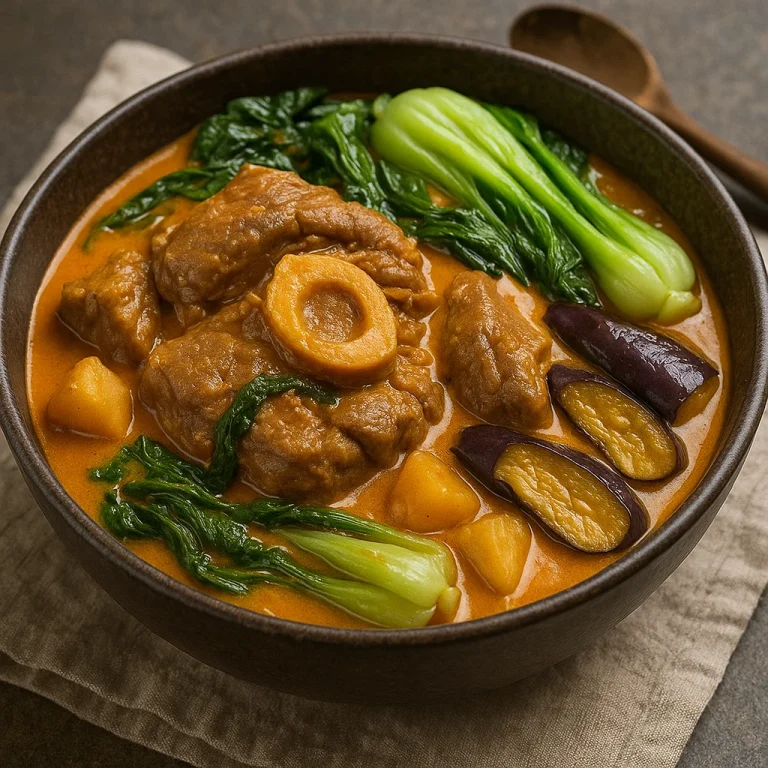 Kare-kare marhahússal, bok choyjal és padlizsánnal tálalva, gazdag mogyorós szósszal