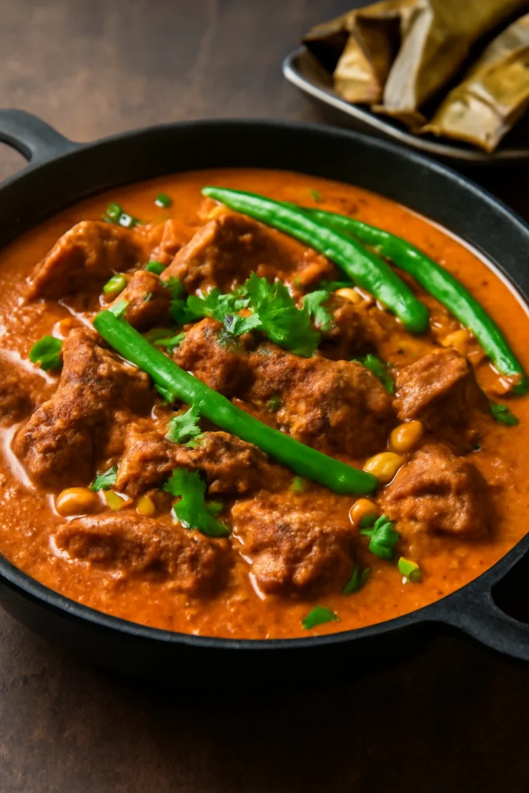 Kare-Kare pörkölt tálalva zöldbabbal és friss korianderrel