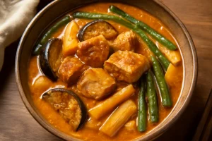 Fűszeres Kare-Kare, sertéshússal és friss zöldségekkel