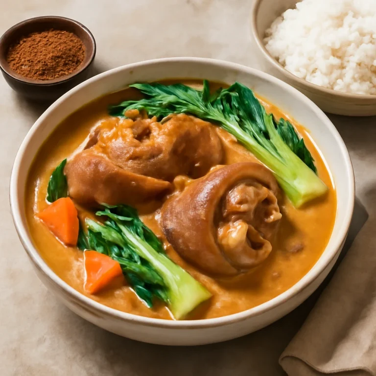 Kare-Kare sertéslábakkal, földimogyoró pasztával és friss zöldségekkel