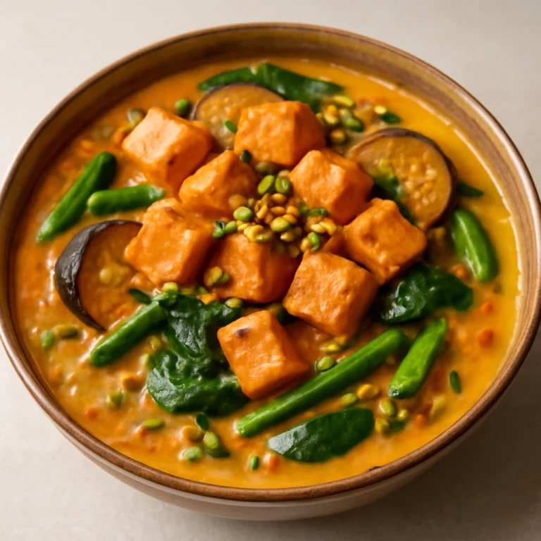 Kare-Kare tofuval, kókusztejjel, pistáciával díszítve