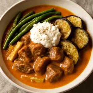Kare-Kare túrós, gazdag húsos szósszal és zöldségekkel tálalva