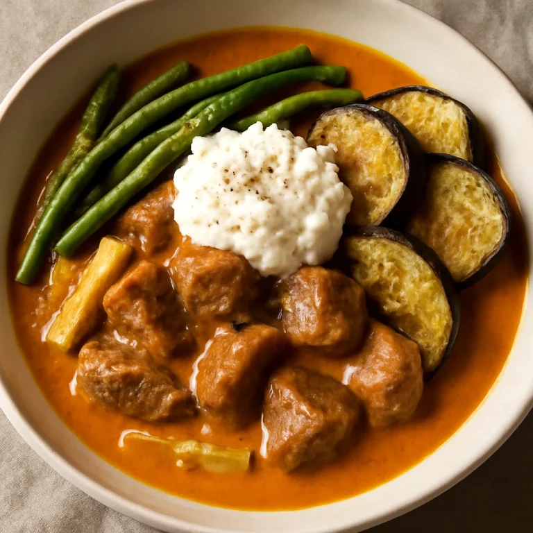 Kare-Kare túrós, gazdag húsos és földimogyorós szósszal, padlizsánnal és zöldségekkel