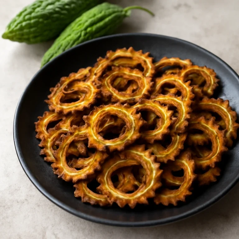 Karela chips aranybarna, ropogós szeletek egy tányéron