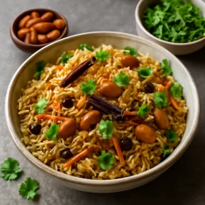 Fűszeres kashmiri pulao, friss korianderrel és mazsolával
