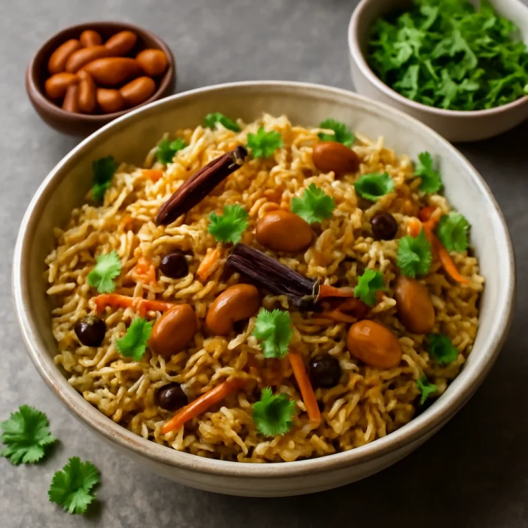 Kashmiri Pulao, gazdag fűszeres rizs, mandulával és mazsolával, friss korianderrel tálalva