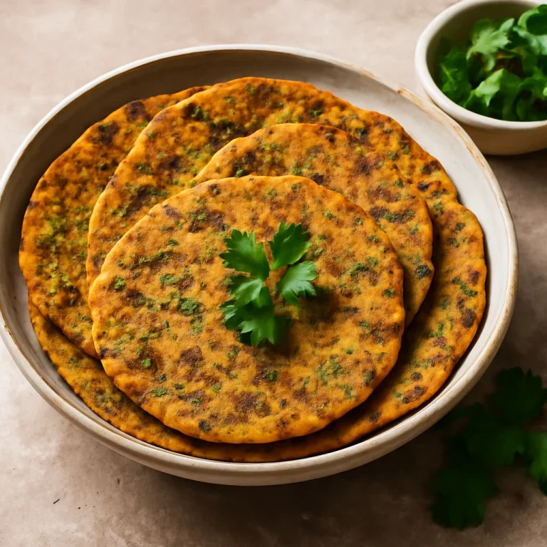 Kasoori Methi Thepla, egy tálban frissen sült fűszeres lepény, korianderrel díszítve