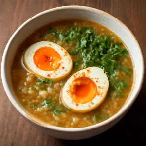 Japán kasu jiru, miso pasztával és shichimi togarashival tálalva