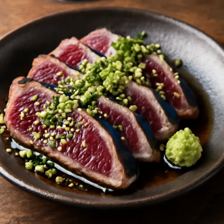 Katsuo tataki wasabival, tonhal szeletek szezámmaggal és zöldhagymával díszítve