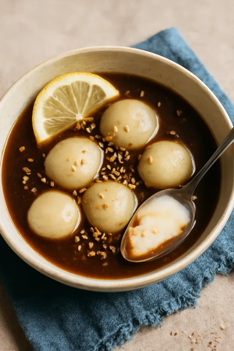Kávés Tangyuan, rizslisztből készült gombócok kávéval és tejszínnel, friss citrommal és szezámmaggal.
