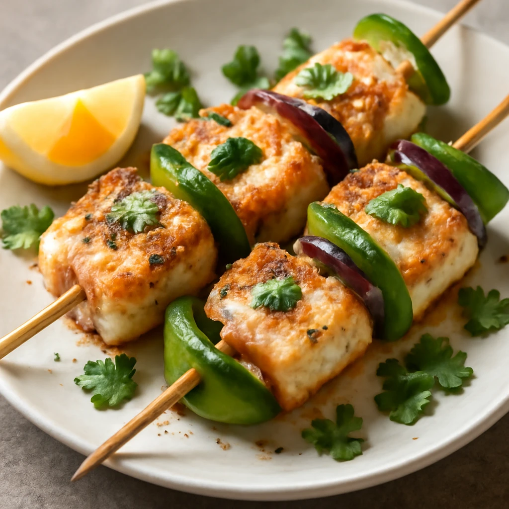 Ínycsiklandó grillezett hal kebab friss korianderrel és citrommal