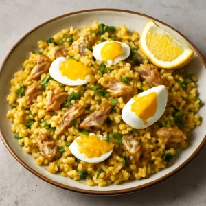 Finom Kedgeree citromlével, füstölt hallal és tojással