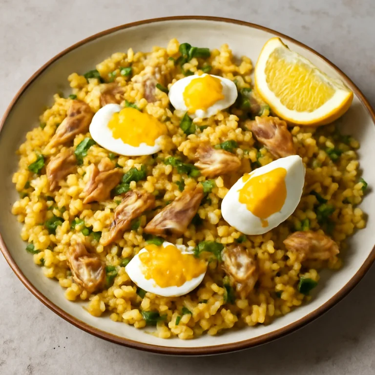 Kedgeree citromlével, füstölt hallal és tojással, egy ínycsiklandó étel