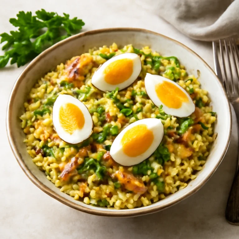 Kedgeree kipperrel, halas rizs, tojás és petrezselyem díszítéssel