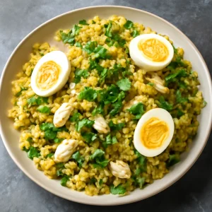 Finom Kedgeree korianderrel, füstölt hallal és tojással