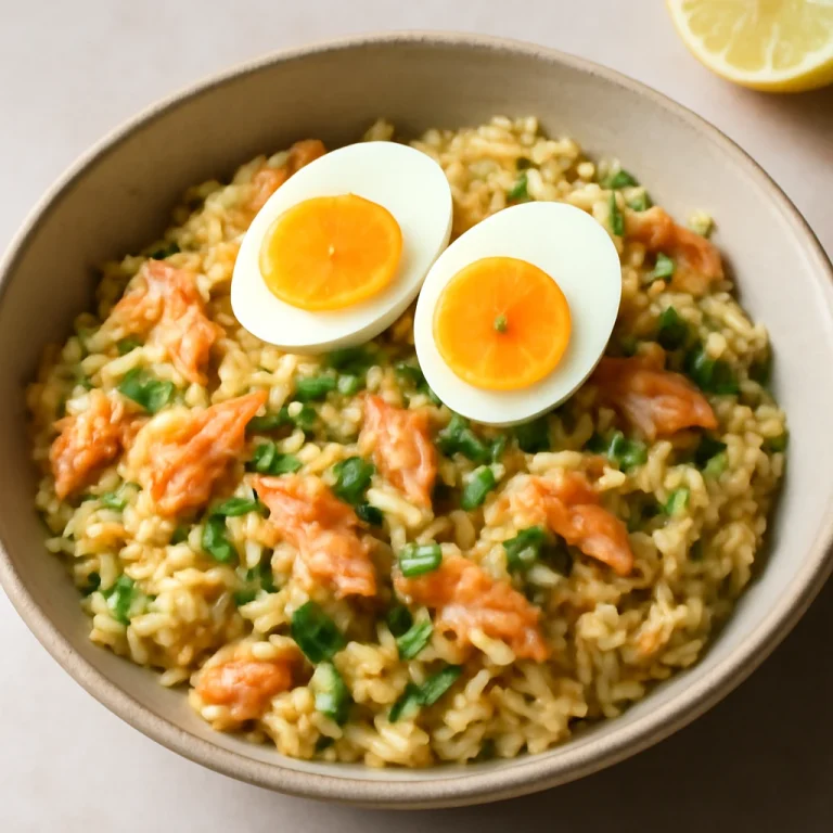 Kedgeree lazaccal, tejszínes halas étel, friss tojással tálalva