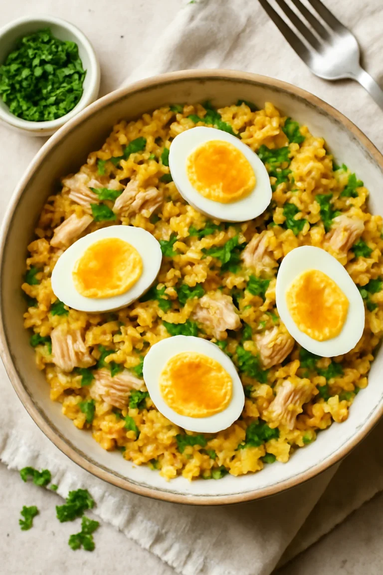 Klasszikus Kedgeree tonhallal, tojás és rizs kombinációja