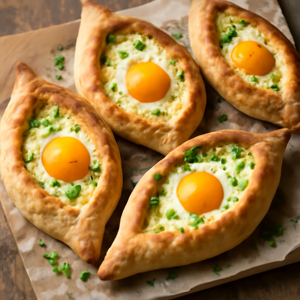 Friss Khachapuri tojással, sajtos töltelékkel tálalva