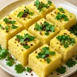 Khaman Rava Dhokla friss korianderrel tálalva