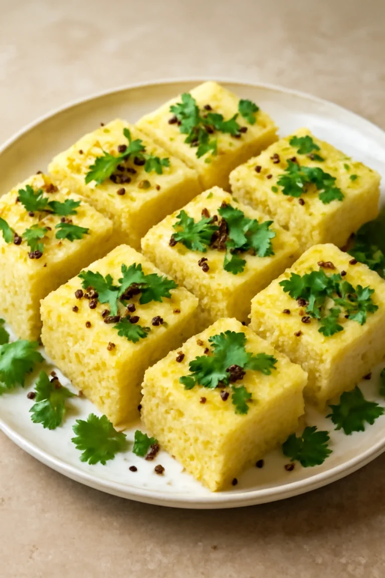 Khaman Rava Dhokla friss korianderrel tálalva