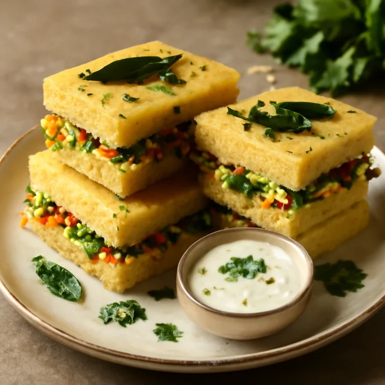 Khaman sandwich dhokla, zöldséges töltelékkel és friss korianderrel díszítve
