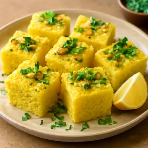 Fűszeres indiai dhokla gram lisztből, joghurttal és fokhagymával