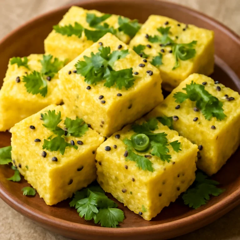 Khaman rice dhokla, indiai gőzölt étel friss korianderrel tálalva
