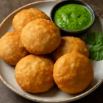 Khasta kachori tálalva zöld chutney-val, ropogós, aranybarna színben