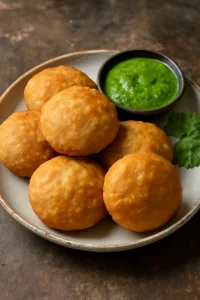 Ropogós, fűszeres kachori zöld chutney-val tálalva