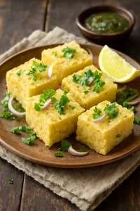 Friss korianderrel díszített Khatta Dhokla