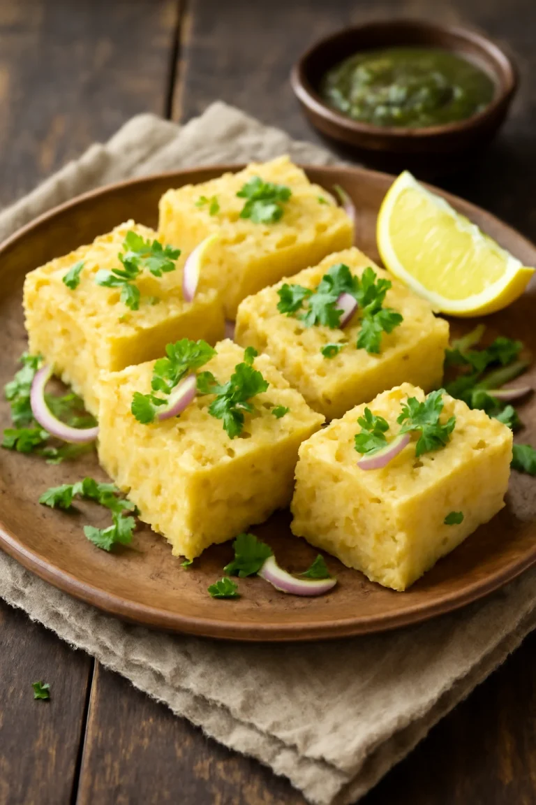 Khatta Dhokla friss korianderrel és citromlével tálalva