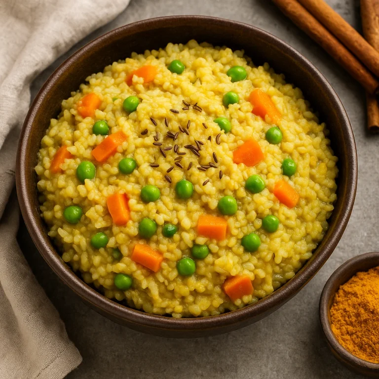 Khichdi masala fűszerekkel, rizses és dhalos egytálétel, zöldségekkel és fűszerekkel tálalva