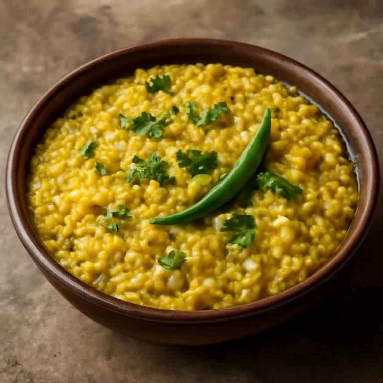 Khichdi moong dal lencsével, friss korianderrel díszítve