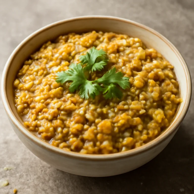 Khichdi zabpehellyel, gazdag tápanyagokban, friss korianderrel díszítve