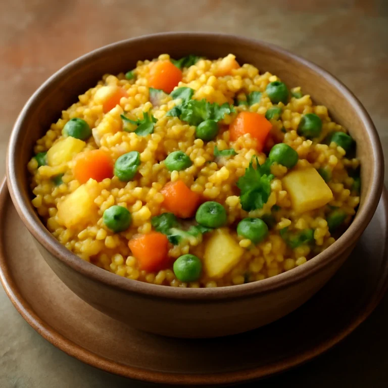 Khichdi zöldségekkel, fűszeres rizs és zöldségek korianderrel tálalva