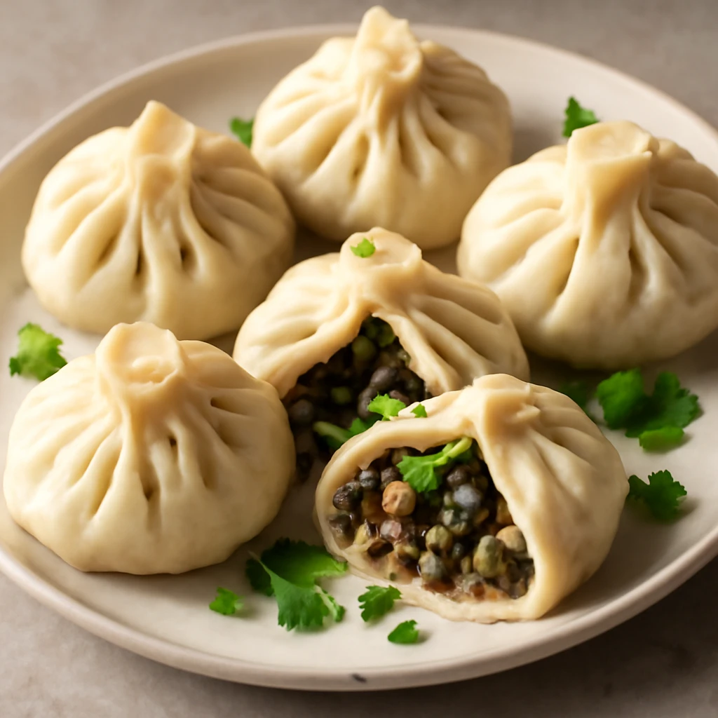 Vegán khinkali, gazdag zöldséges töltelékkel, friss korianderrel tálalva