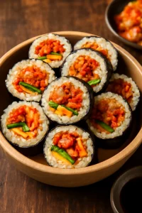Koreai kimchi gimbap zöldségekkel és friss kimchivel