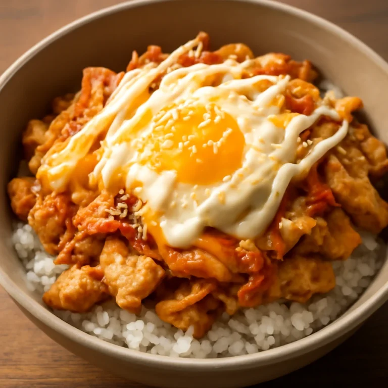 Kimchi-majonézes Oyakodon tálalva, tojással és rizsel