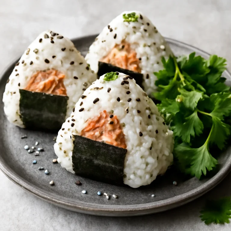 Kimchi-majonézes onigiri, friss korianderrel tálalva