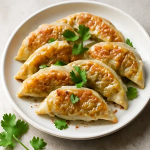 Koreai Kimchi Mandu, fűszeres töltelékkel és friss fűszerekkel tálalva