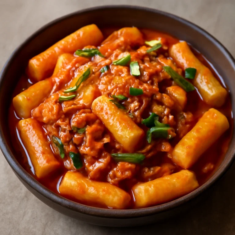Kimchi tteokbokki - koreai rizstorta fűszeres kimchivel és szezámmaggal tálalva