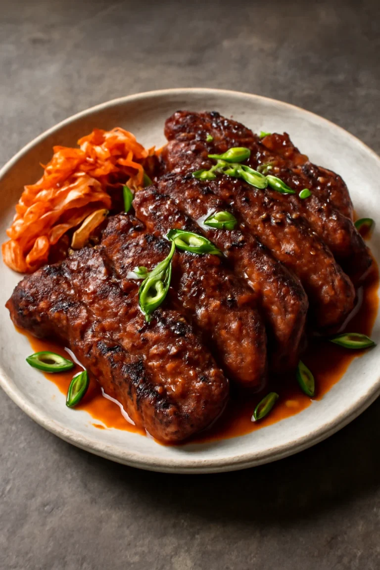 Kimchi's Galbi sült marhahússzeletek, díszítve zöldhagymával és szezámmaggal